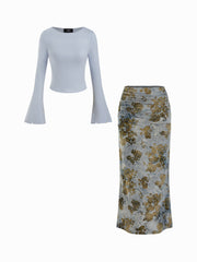 Boat Neck Long Sleeve Top & Mid Rise Floral Ruched Maxi Skirt Set