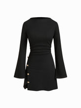 Stand Collar Bell Sleeve Metal Button Split Ruched Mini Dress