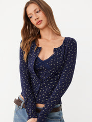 Floral Print Long Sleeve Top & Lace Trim Cami Top Set