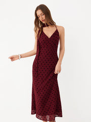 Chiffon Halter Neck Polka Dot Wrap Maxi Dress