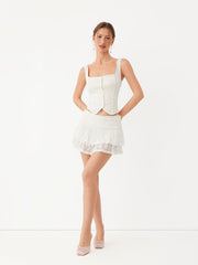 Square Neck Floral Lace Cropped Top & Ruched Ruffled Mini Skirt Set