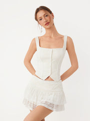 Square Neck Floral Lace Cropped Top & Ruched Ruffled Mini Skirt Set