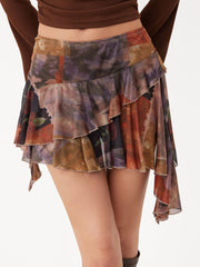 Mesh Floral Asymmetrical Hem Ruffled Layered Mini Skirt