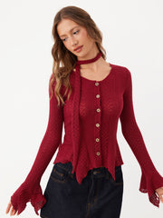 Pointelle Long Sleeve Metal Button Blouse With Scarf