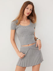 Cable Knit Square Neckline Geometric Puff Sleeve Top