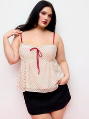 Expand Chiffon Polka Dot V-neck Lace Trim Bowknot Oversized Cami Top Curve & Plus
