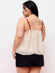 Expand Chiffon Polka Dot V-neck Lace Trim Bowknot Oversized Cami Top Curve & Plus