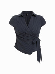 Collar Striped Knotted Blouse Curve & Plus