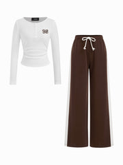 98 Cotton-blend Ruched Top & Low Rise Drawstring Wide Leg Trousers Set