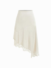 Satin Mid Rise Lace Trim Asymmetrical Hem A-line Midi Skirt