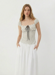 Square Neck Polka Dot Knotted Short Sleeve Top