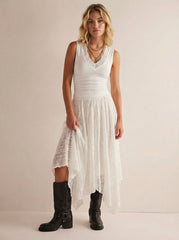 Lace Mid Rise Asymmetrical Flared Maxi Skirt