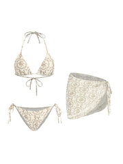 V-neck Bowknot & Flower Knotted Halter Tie Side Bikini Set With Lace Sarong