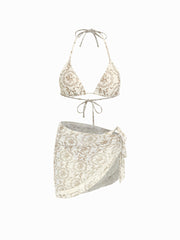 V-neck Bowknot & Flower Knotted Halter Tie Side Bikini Set With Lace Sarong