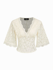 V-Neck Guipure Lace Bell Sleeve Cropped Top