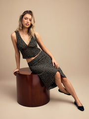 V-Neck Polka Dot Tie Back Top & Mid Rise Mermaid Midi Skirt Set