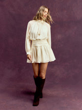 Chiffon Stand Collar Ruched Flared Mini Dress With Scarf