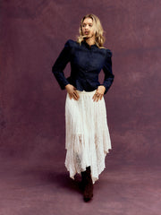 Lace Mid Rise Asymmetrical Flared Maxi Skirt