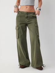 Cider Denim Low Rise Drawstring Wide Leg Cargo Jeans