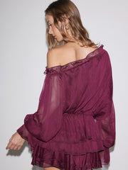 Sheer Asymmetrical Neck Ruffled Puff Sleeve Blouse