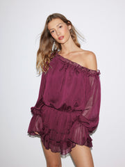 Sheer Asymmetrical Neck Ruffled Puff Sleeve Blouse