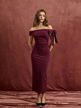 Asymmetrical Neck Mid Rise Bowknot Midi Bobycon Dress
