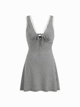 Gingham V-neck Lace Panel Slim A-line Mini Dress