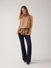 Chiffon Paisley Halter Neckline Ruffle Hem Top