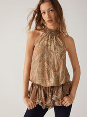 Chiffon Paisley Halter Neckline Ruffle Hem Top