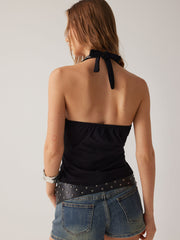 Cotton-blend Floral Halter Neckline Embroidery Tank Top