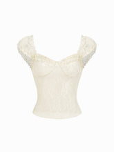 Textured Lace Sweetheart Puff Sleeve Ruched Top