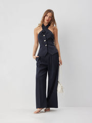 Stripe Halter Neck Twist Knot Top & High Rise Wide Leg Trousers Set