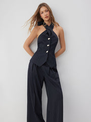 Stripe Halter Neck Twist Knot Top & High Rise Wide Leg Trousers Set