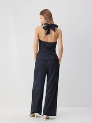 Stripe Halter Neck Twist Knot Top & High Rise Wide Leg Trousers Set