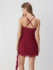 Mesh Asymmetrical Neck Ruched Floral Applique Mini Dress