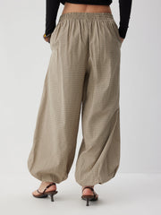 Cotton-blend Mid Rise Plaid Drawstring Jogger Trousers