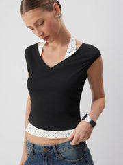 V-neck Top & Polka Dot Halter Tie-Back Cami
