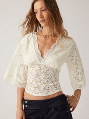 V-Neck Guipure Lace Bell Sleeve Cropped Top
