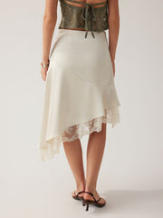Satin Mid Rise Lace Trim Asymmetrical Hem A-line Midi Skirt