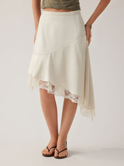 Satin Mid Rise Lace Trim Asymmetrical Hem A-line Midi Skirt