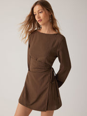 Boat Neck Bell Sleeve Wrap Mini Dress