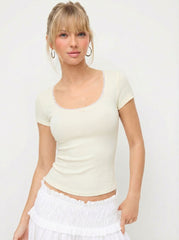 Jacquard Scoop Neck Lace Trim Pointelle Top