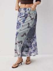 Mesh Mid Rise Floral Mermaid Maxi Skirt