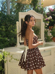 Polka Dot Ruffle Bowknot Shirred Bandeau Mini Dress