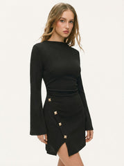 Stand Collar Bell Sleeve Metal Button Split Ruched Mini Dress