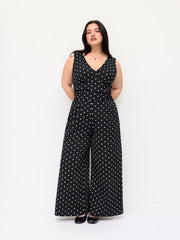 Cotton-blend V-neck Polka Dot Ruched Straight Leg Jumpsuit Curve & Plus