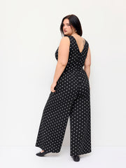 Cotton-blend V-neck Polka Dot Ruched Straight Leg Jumpsuit Curve & Plus