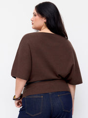 Knit Boat Neck Batwing Sleeve Top With Belt Curve & Plus