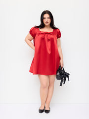 Satin Bowknot Ruffled Puff Sleeve Oversized Babydoll Mini Dress Curve & Plus