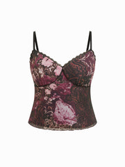 Mesh Leopard & Floral Graphic Lace Trim Cami Top Curve & Plus